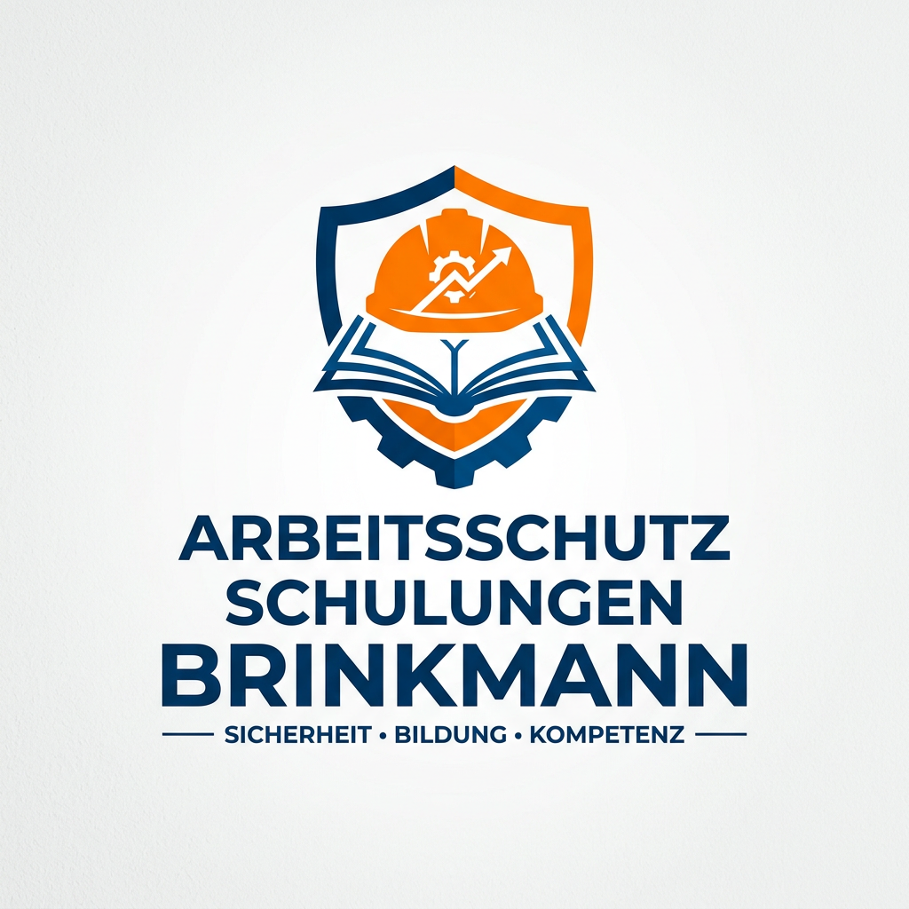 Logo featuring a safety helmet, open book, and shield with German text about safety training.